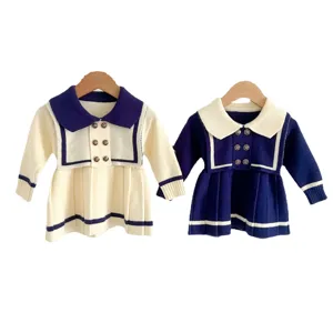 Girls sailor style sweater dress long sleeve knitted pleated skirt autumn baby children clothing