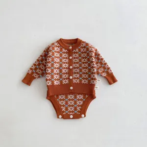 Infant knit cardigan romper set, brown geometric pattern, front button detail, cozy winter wear.