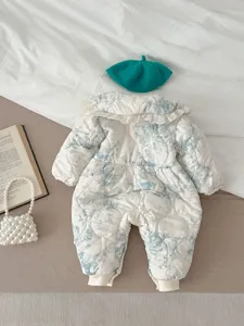 Winter baby thick warm romper cute floral lace collar infant jumpsuit cozy winter outwear
