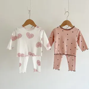 Baby ribbed cotton long sleeve pajama set infant cute heart dot toddler loungewear clothes