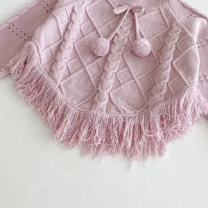 Girls knit cape cardigan with fringe and pompom, cute pink autumn winter sweater.
