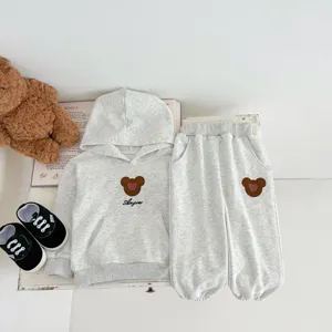 Baby grey cotton hooded sweatshirt and sweatpants set with cute bear embroidery, casual daily wear.