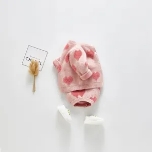 Cute baby pink heart knit cardigan and romper set for infants, sweet daily outfit main image.