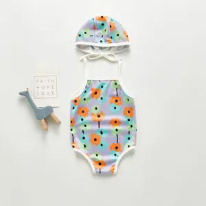 Kids floral one-piece swimsuit and matching cap set, cute baby summer beach swimwear.