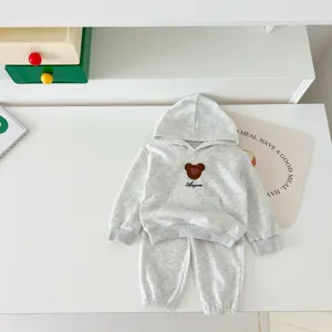 Baby cotton hooded sweatshirt and sweatpants set featuring cute bear embroidery details.