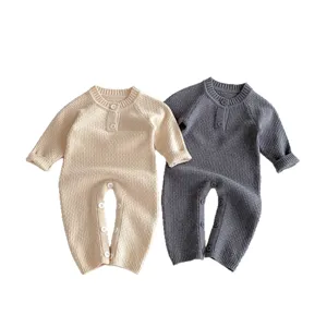 Cute baby knitted romper long sleeve waffle bodysuit infant unisex clothing essential for autumn.