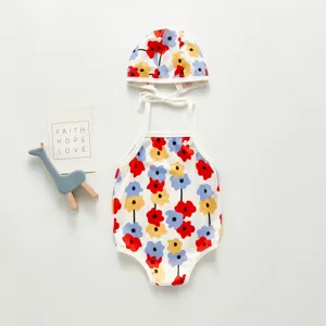 Cute baby girls floral print one-piece swimsuit with matching hat set for summer beach holiday