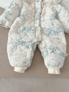 Thickened baby winter romper with cute ruffle collar and blue tie-dye design for infants.