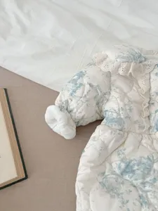 Baby winter padded floral romper with lace collar, warm toddler outerwear detail view.