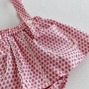 Infant baby girl cute printed strap romper dress detail view, soft fabric with lace trim buttons.