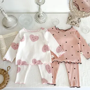 Infant Baby Girls Long Sleeve Ribbed Cotton Sleepwear Set Lettuce Trim Cute Heart Polka Dot Toddler Pajamas