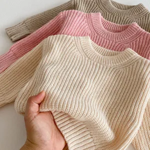 Adorable suéter de punto liso cuello redondo para niña pequeña bebé moda detalle