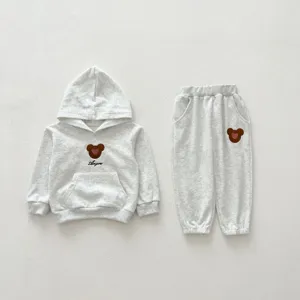 Baby cotton hooded sweatshirt and sweatpants set with cute bear embroidery for autumn.