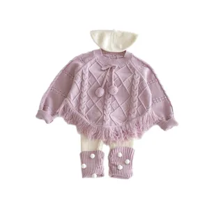 Baby girl knit sweater set toddler winter fringe poncho pullover with matching leggings socks