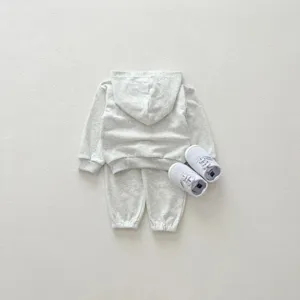 Baby grey hooded sweatshirt and pants tracksuit set, soft cotton infant casual wear.