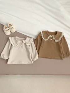 Infant baby toddler long sleeve ruffle collar shirts set with matching cute shoes flat lay style.