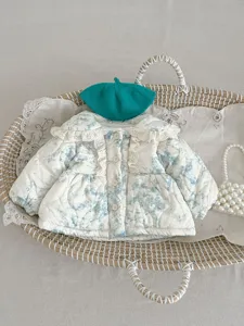 Baby winter thickened outerwear detail, cute lace collar and blue floral print design.