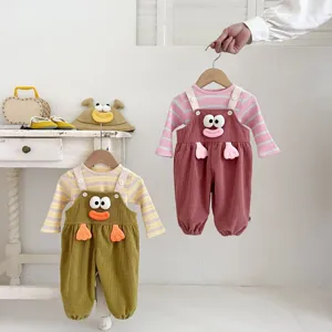 Cute baby autumn clothing set long sleeve striped t-shirt with funny cartoon overalls outfit