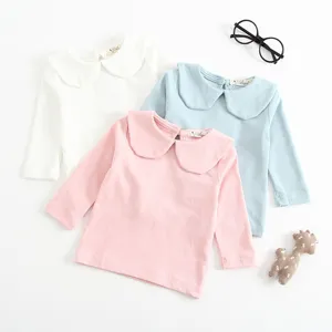 Neonato Bambina Puro Cotone Maglietta Manica Lunga Carino Colletto Peter Pan Tinta Unita Top Casual Bambini Abbigliamento Primavera Autunno