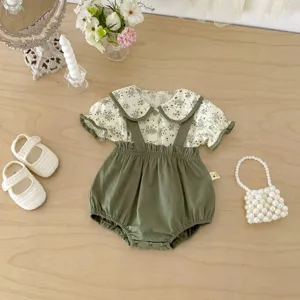 Baby floral peter pan collar top and overall shorts set, sweet Korean summer toddler outfit.