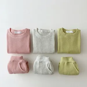 Waffle knit baby loungewear set detail, comfortable cotton toddler clothing, 3 colors.