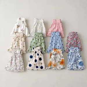 Infant summer casual anti-mosquito pants detailed flat lay view with various cute floral prints.