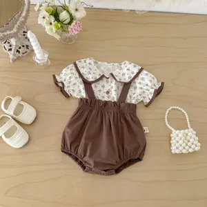Infant baby girl summer floral blouse and brown suspender bloomers two piece cute outfit set
