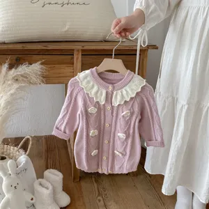 Baby girl knit romper with ruffle collar and cute floral appliques, cozy long sleeve baby bodysuit.