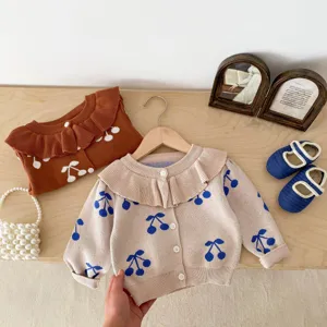 Toddler baby girls knitted cardigan sweater with cute cherry print and sweet lapel design.