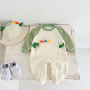 Gedetailleerd overzicht van schattige baby dinosaurus romperset met bijpassende muts en schoenen.