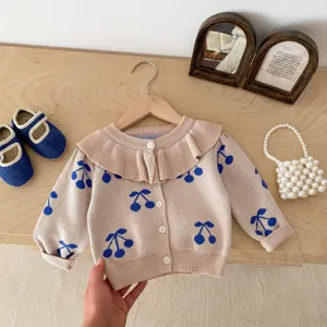 Toddler girl knit cardigan detail, cute blue cherry print, large lapel collar, soft fabric.