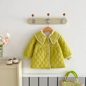 Toddler baby girl quilted winter coat detail, cute doll collar single-breasted warm jacket top