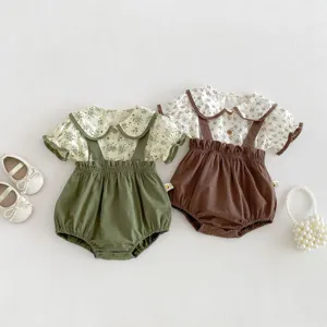 Infant Baby Girls Summer Clothing Set Floral Doll Collar Short Sleeve Top And Overall Shorts Toddler Outfit