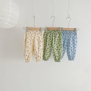 Cute summer baby casual anti-mosquito pants, breathable cotton floral trousers for infants.