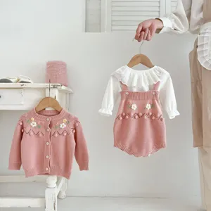 Baby Girl Knitted Cardigan Romper Set Newborn Handmade Floral Two-Piece Set Infant Toddler Autumn Winter Clothing