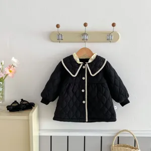 Chic black quilted toddler girl jacket with elegant wide collar and front button details.