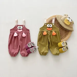 Cute baby corduroy overall romper set with 3D cartoon doll design and matching shoes.