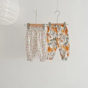 Cute baby floral summer anti-mosquito pants, breathable lightweight toddler casual trousers.
