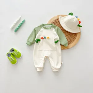 Leuke baby dinosaurus romper set lange mouw met bijpassende hoed en schoenen voor herfst.