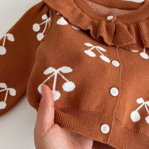 Toddler girls brown knit cardigan with white cherry print ruffled collar sweater coat.