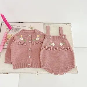 Baby girl knitwear set featuring cute floral embroidery, cardigan and romper, autumn style.