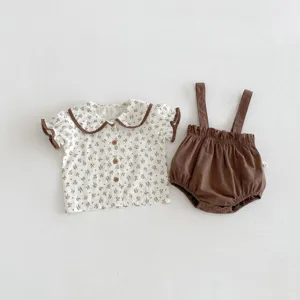 Baby summer floral blouse and brown suspender shorts two piece clothing set for girls
