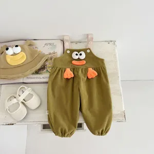 Cute baby corduroy overalls set with 3D duck design, autumn infant clothing and matching hat.