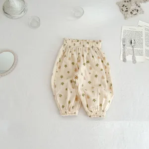 Detailed view of baby floral print anti-mosquito pants, elastic waist and cuffs, cute style.