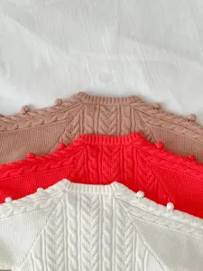 Schattig baby kabelgebreid vest met pompons, stijlvolle herfst peuter trui jas.