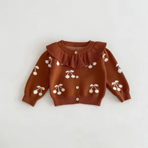 Baby toddler girls brown knit cardigan cute cherry print ruffle collar toddler sweater