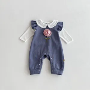 Mono de bebé niña manga larga otoño cuello muñeca flor lindo conjunto adorable ropa infantil
