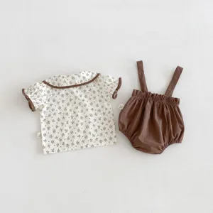 Baby summer floral blouse and brown suspender shorts two-piece clothing set for toddlers.