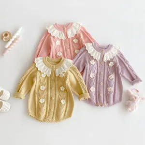 Cute baby knitted romper set with lotus leaf collar, long sleeves and crochet floral details.