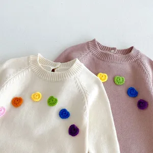 Bébé tout-petit pull en tricot joli patch floral coloré col rond automne hiver enfants